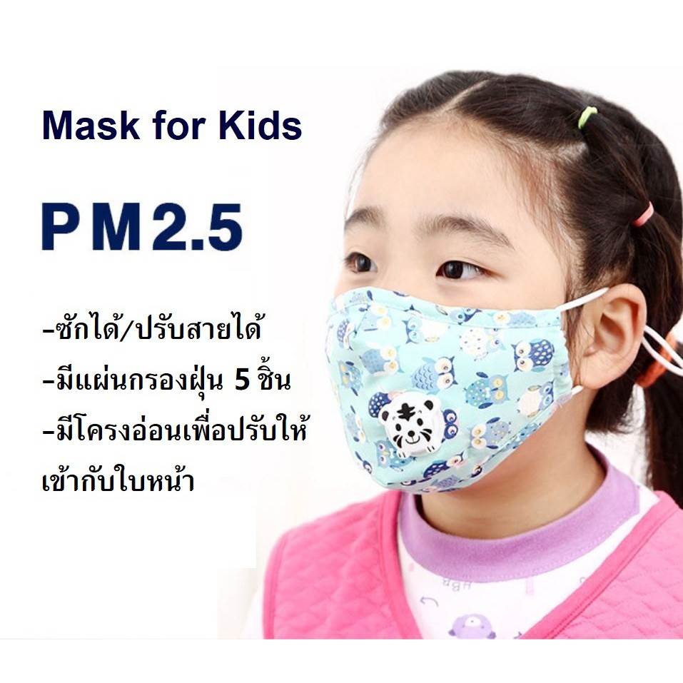 หน้ากากอนามัย N95 มีแผ่นกรองฝุ่น pm 2.5 = 5 ชิ้น ปรับสายได้ สำหรับเด็ก 2-5 ปี Mask