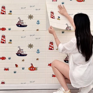 🔥พร้อมส่ง ในไทย🔥 วอลเปเปอร์สามมิติ 70*77cm มีกาวในตัวติดผนัง 3D wallpaper วอลล์เปเปอร์ลายอิฐ ลายการ์ตูน