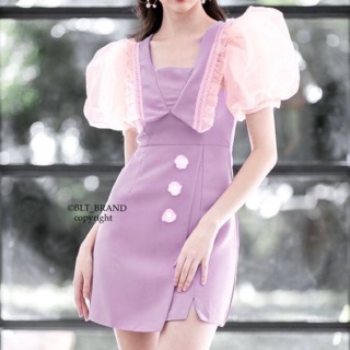 เดรส แขนพอง ทรงกระโปรงป้ายหน้า แขนพองผ้าแก้ว คอปกแต่งริบบิ้นฉลุ