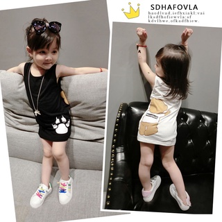 [High quality 80-120] childrens wear girls long vest skirt baby pure cotton summer Bear cartoon round neck