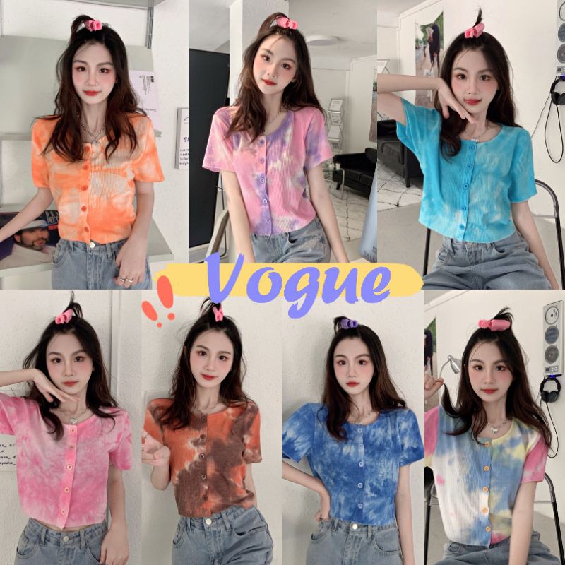 Vogue🌟พร้อมส่ง🌟เสื้อครอปไหมพรม ลายมัดย้อมสุดน่ารัก (6379)