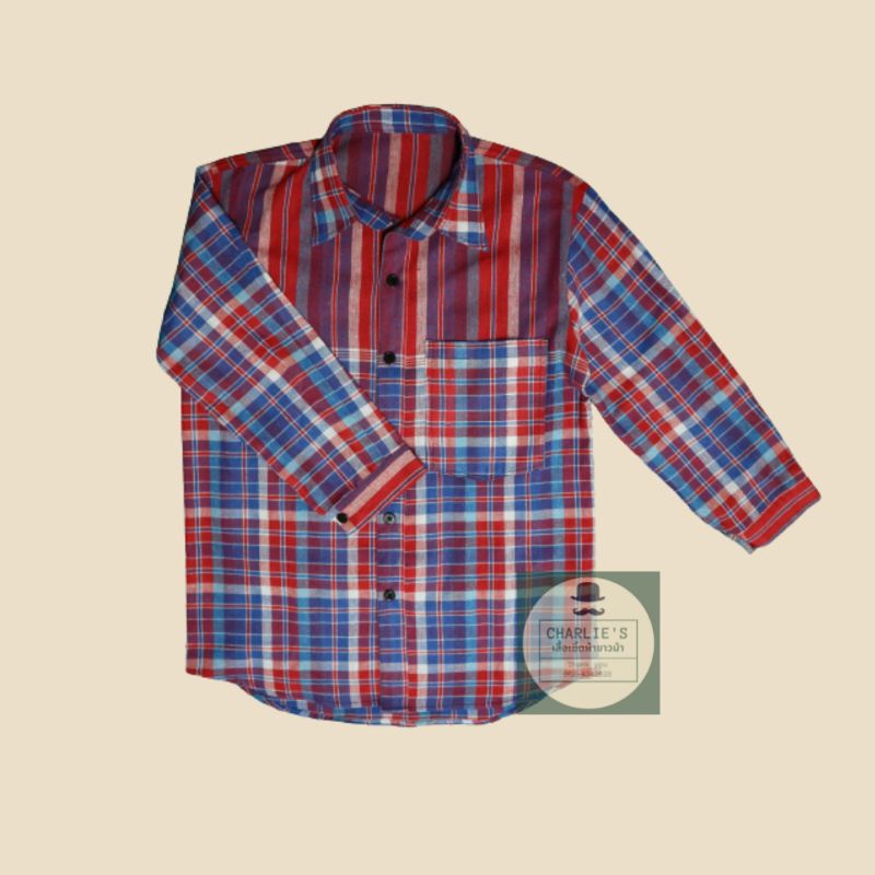 เสื้อเชิ้ตแขนยาว ผ้าขาวม้าลายเล็ก ผ้าฝ้าย100%