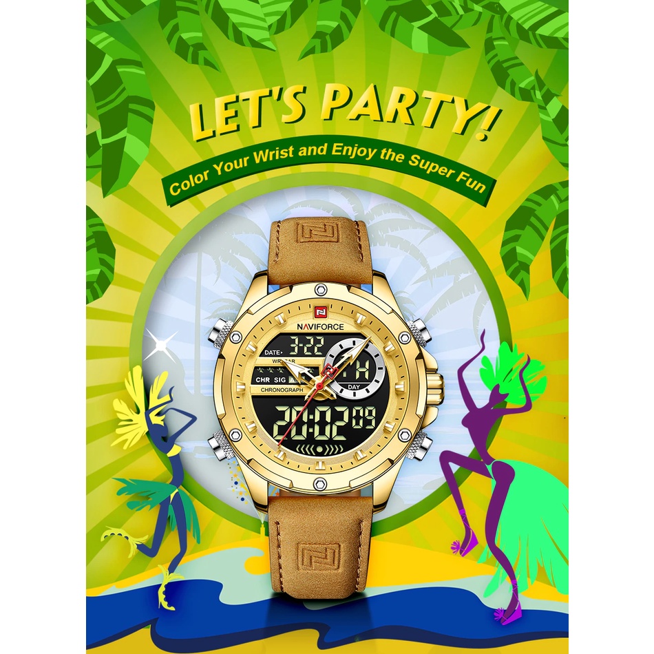 !! ใหม่ล่าสุด !! ส่งจากไทย นาฬิกา Naviforce รุ่น NF9208 G/G สีทอง 2 ระบบ สายหนัง แท้100% รับประกัน 1
