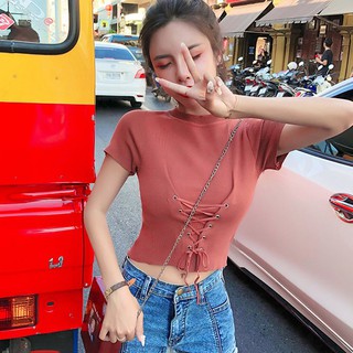 เสื้อครอปท็อปคอกลมแขนสั้นผ้าถักลูกไม้สําหรับสตรี