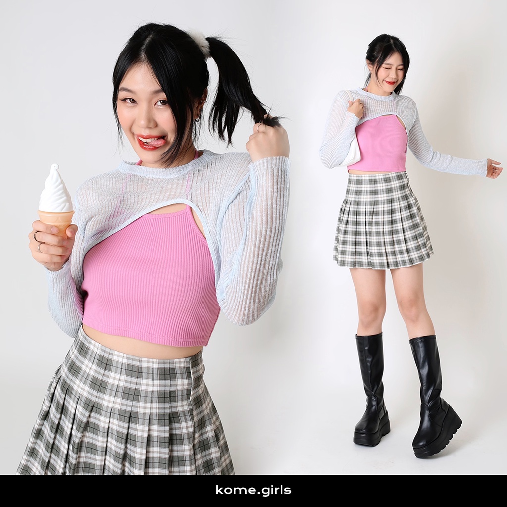 kome.offi เสื้อคลุมครอปแขนยาว+กระโปรงผ้าลูกฟูกปลายจีบ รุ่น Essie Top+Jena Skirt
