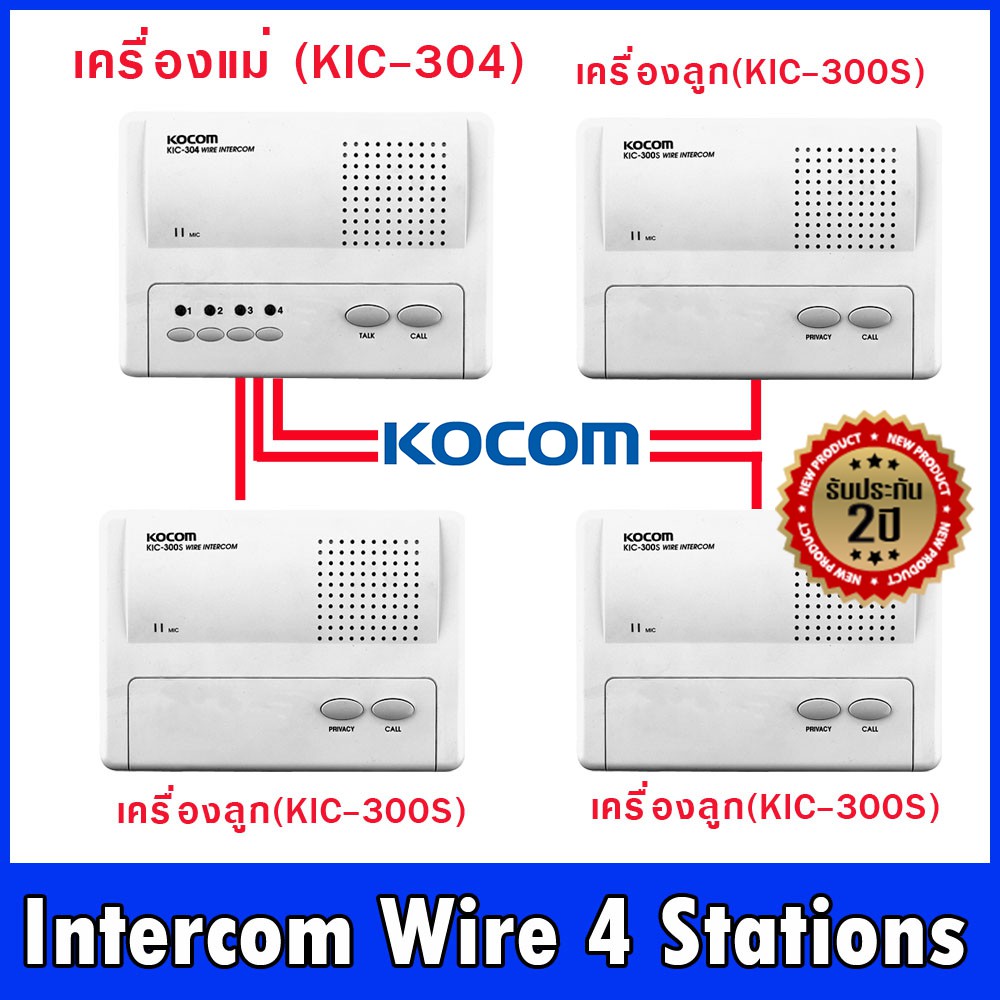 อินเตอร์คอม (Intercom Wire) แบบเดินสาย สัญญาณดี ทนทาน ใช้งานง่าย  ชุด เครื่องแม่ 1 ( KIC304 ) เครื่องลูก 3 ( KIC300S )
