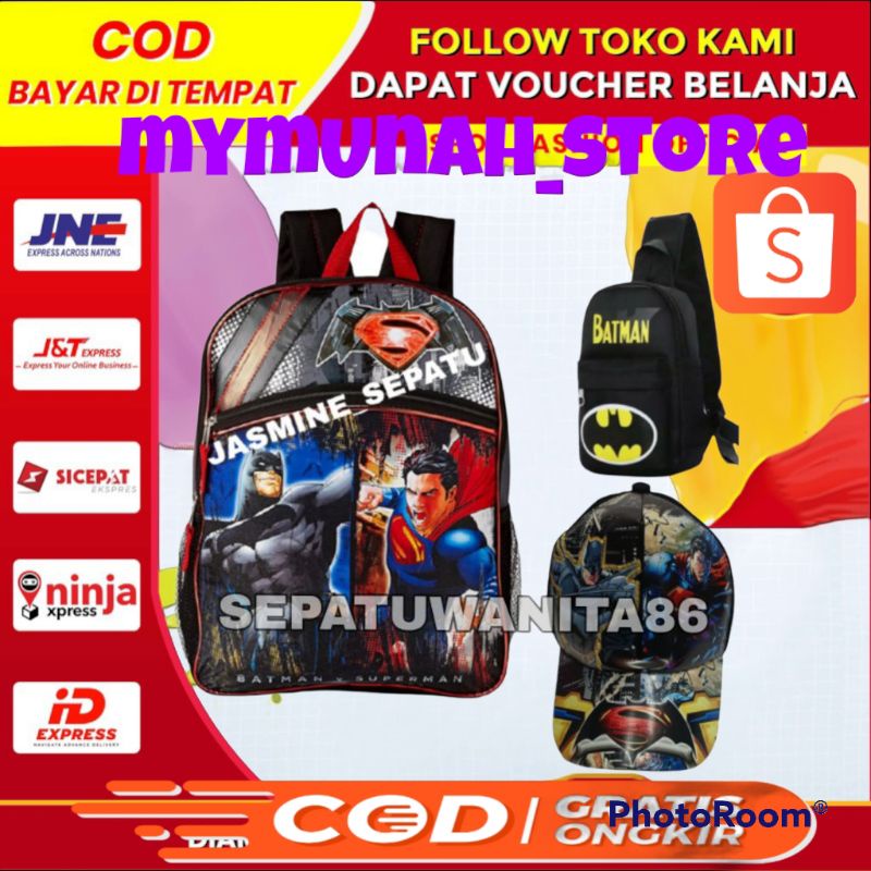 Boys BACKPACK BAG BATMAN SUPERMAN CHARACTER นาฬิกาและหมวกโบนัส