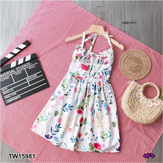 MM15981 เดรสสายเดี่ยวคล้อคอลายดอกไม้ One-shoulder halter neck floral dress