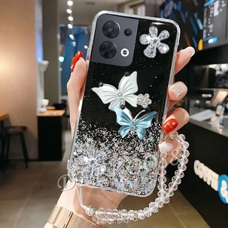 เคสโทรศัพท์มือถือ OPPO Reno 8 7 6 8Pro 7Z 7Pro 6 6Z Z Pro Find X5 Pro 5G 4G Phone Case Cute Two Flying Butterfly Decorated With Hand Strap Rope Smartphone Casing Glitter Back Cover Reno8 Reno7 Reno6