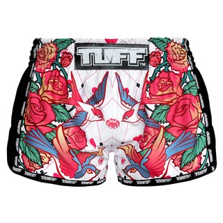 TUFF ทัฟฟ์ มวยไทย กางเกงมวยไทย เรโทร สีขาว นก กุหลาบ Muay Thai Boxing Shorts White Retro Rose Birds