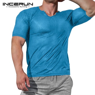 Incerun เสื้อยืดลําลอง แขนสั้น คอวี ระบายอากาศ สีพื้น สําหรับผู้ชาย 3 สี