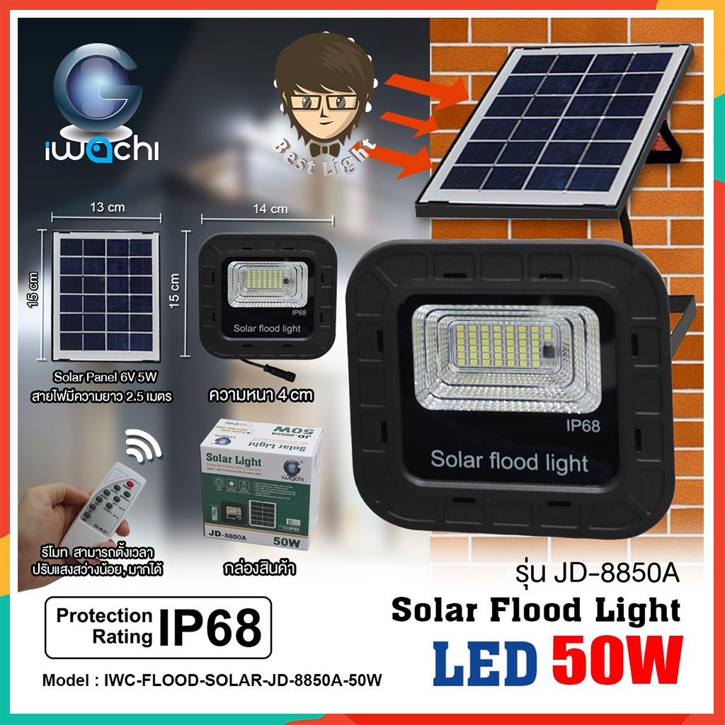 รุ่นใหม่ ! IWACHI สปอตไลท์ โซล่า แสงสีขาว IWC-FLOOD-SOLAR-JD-8850A-50W รุ่น JD-8850A