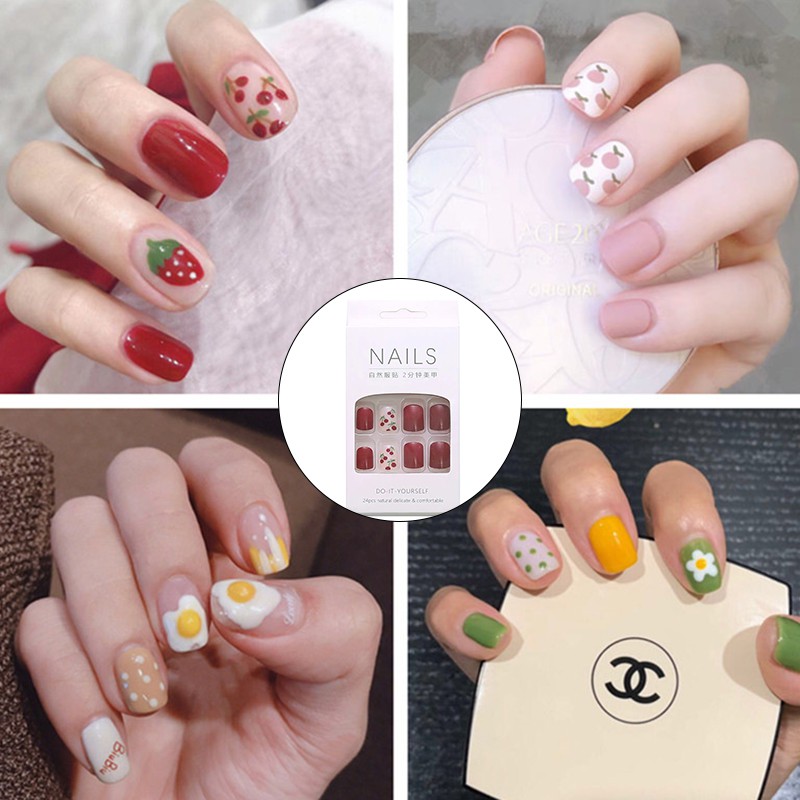 24 ชิ้น + กาว24/ชิ้น DIY เล็บปลอม French Finger Nail Art เล็บปลอม