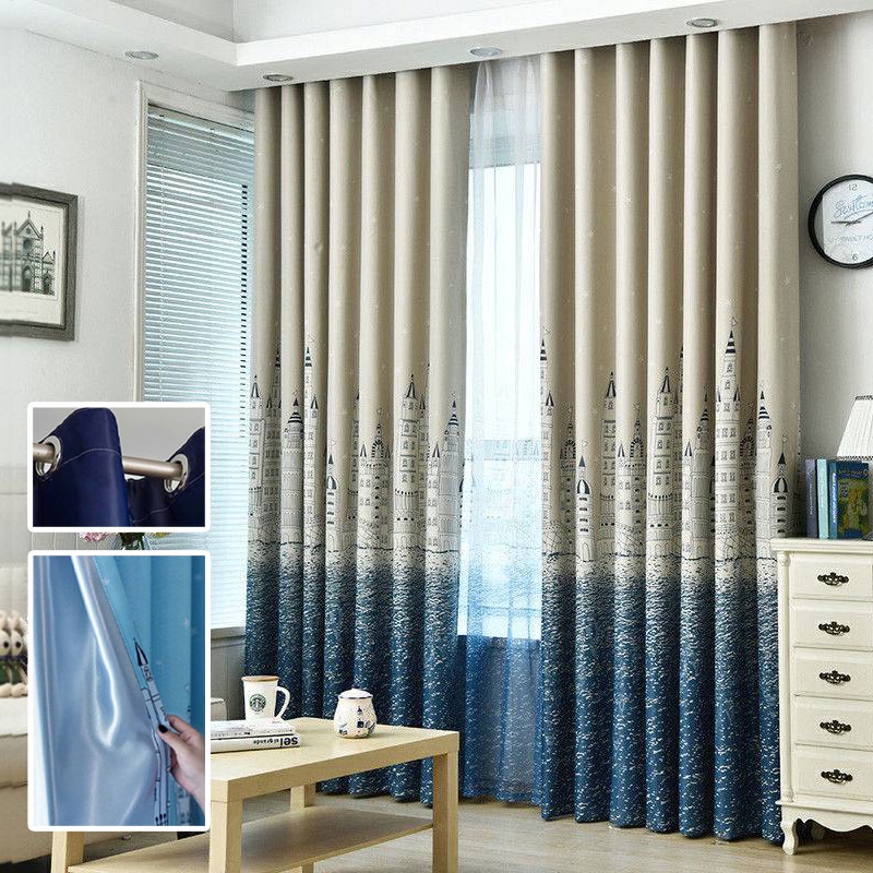 ผ้าม่านกันยูวี ผ้าม่านประตู หน้าต่าง บังแสง ลายปราสาท ห่วงตาไก่ ม่านUV