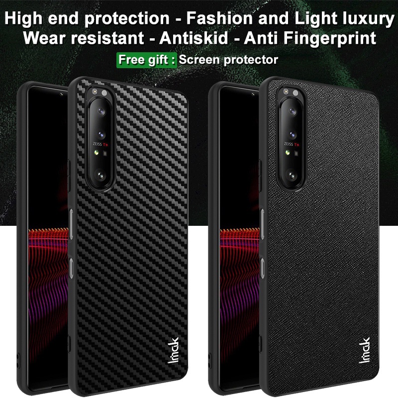 Original Imak Luxury Carbon Fiber Pattern Casing Sony Xperia 1 III Hard PC PU Leather Back Cover Xperia1 3 Shockproof Case + Screen Protector