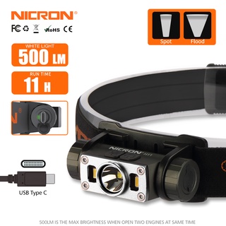 Nicron ไฟฉายสวมศีรษะ LED H11 500 ลูเมน 90 ม. IP65 ขนาดเล็ก ชาร์จ USB กันน้ํา H11