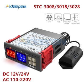 Stc-3008 3018 3028 เครื่องวัดอุณหภูมิ ไฮโกรมิเตอร์ C/F เทอร์โมสตัท เอาท์พุตรีเลย์สองตัว AC 110V 220V DC 12V 24V 10A