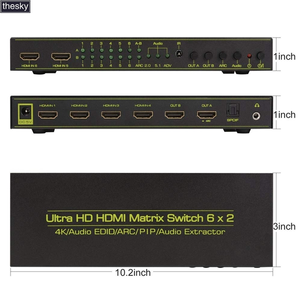 Ultra HD 4K * 2K 6x2 HDMI Matrix พร้อมเอาต์พุตเสียงสเตอริโอ HIFI SPDIF Switch