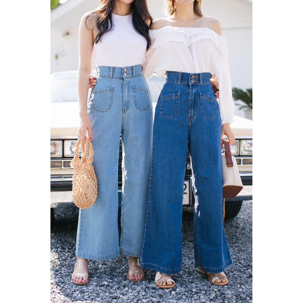 พร้อมส่ง！！ Sis story กางเกงยีนส์ เอวสูง ขาบาน กระเป๋าหน้า ขายาว สียีนส์ Sis511 Jenny wide-leg jeans 