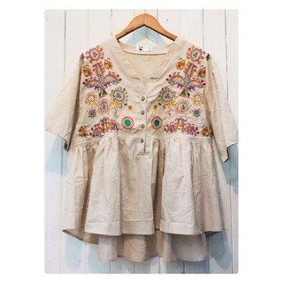 เสื้อแขนสั้นงานผ้าฝ้ายผสมลินินงานปัก(งานสวยมาก)อก 52 ยาว 29