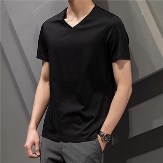 เสื้อยืดแขนสั้นผู้ชายฤดูร้อนผ้ากำมะหยี่ยาวซินเจียงผ้าไหมคอวีสีดำบริสุทธิ์ระดับไฮเอนด์ครึ่งแขน
