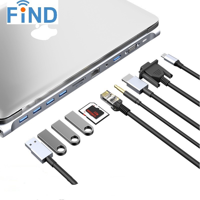 USB C to HDMI Adapter 4K 11 in 1 Type-C to HDMI / VGA / Audio / RJ45/ SD/TF/ USB 3.0 Port + USB C Fe