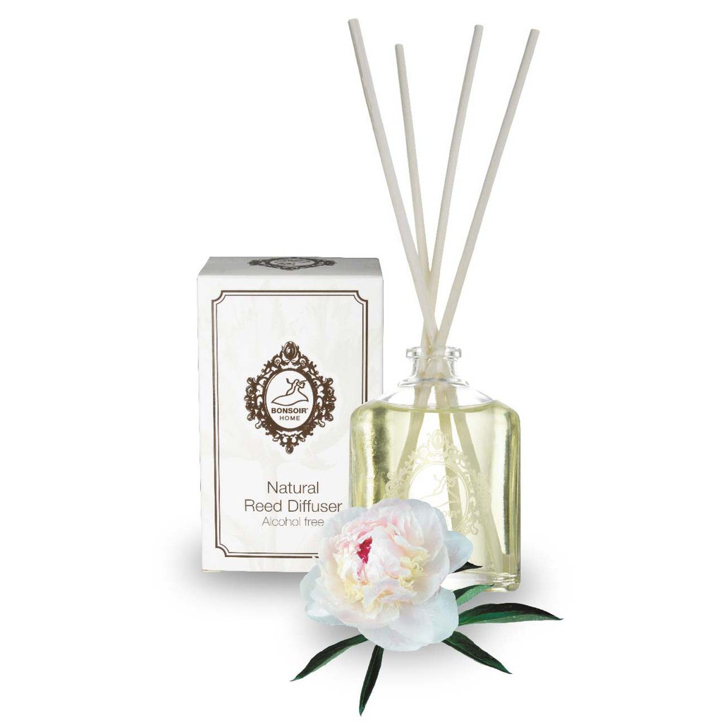 (PEONY) ก้านไม้หอมปรับอากาศ บองซัวร์โฮม  กลิ่นดอกโบตั๋น ขนาด 55 ml. ไม่มีส่วนผสมของแอลกอฮอล์ กล่องขาว