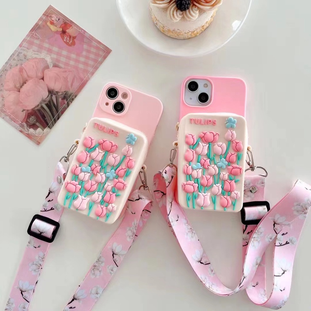 สําหรับiPhone 13 12Pro 11pro Max XS XR XS MAX 6 7 8 Plus SE 2020 3Dทิวลิปกระเป๋าใส่เหรียญ