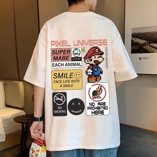 【ผ้าฝ้ายแท้】เสื้อยืดวินเทจคอกลม พิมพ์ลายกราฟฟิค Mario สไตล์เกาหลี โอเวอร์ไซซ์ สําหรับผู้ชาย ไซซ์ M-3XL