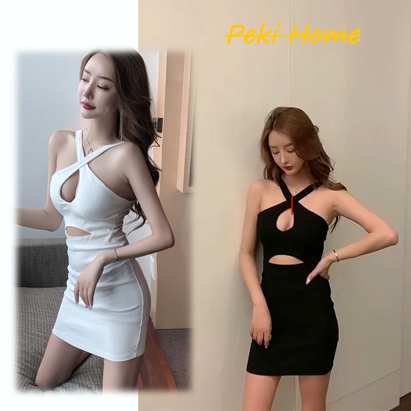 ชุดเดรสกระโปรงสั้นแขนกุด ชุดเดรสสั้นสุดแซ่บ เดรสโชว์ทรงสลิมคล้องคอ ใส่เที่ยวใส่ออกเดทราคาน่ารัก