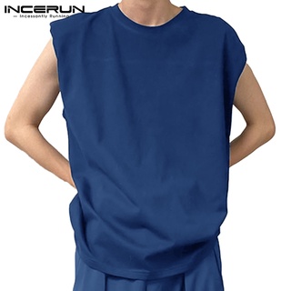 Incerun เสื้อกล้ามลําลอง ผ้าฝ้าย แขนกุด คอกลม ทรงหลวม สีพื้น สําหรับผู้ชาย