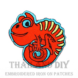 🦎 ตัวรีดติดเสื้อ งานปัก ลาย กิ้งก่า สีส้ม คาเมเลี่ยน การ์ตูน สัตว์ Lizard Chameleon Patch WOP DIY ตัวรีด อารม์ติดเสื้อ