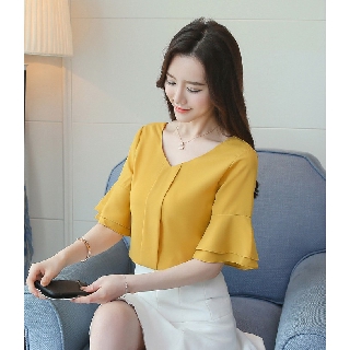 พร้อมสง เสื้อผู้หญิงสีเหลืองแขนสั้น คอวี ทรงสวยใส่สบายๆ ผ้าชีฟอง