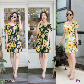 TwinsShopVip💗พร้อมส่ง TW4582 เดรสทานตะวันเอวรูด Drawstring Sunflower Dress