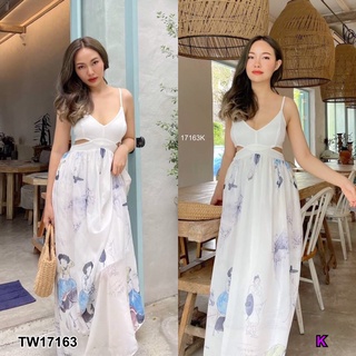 TwinsShopVip💗พร้อมส่ง TW17163 เดรสสายเดี่ยวเว้าเอว 2 ข้าง เว้าหลังผูกโบว์ พิมลายกราฟฟิก