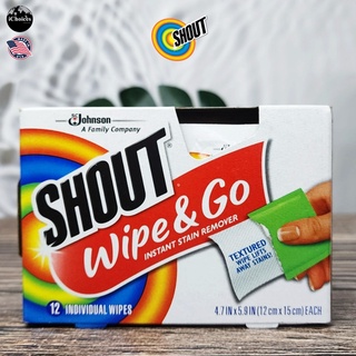 [Shout] Wipe &amp; Go, Instant Stain Remover 12 Wipes แผ่นเช็ดทำความสะอาด สำหรับผ้า แบบพกพา แผ่นขจัดคราบ