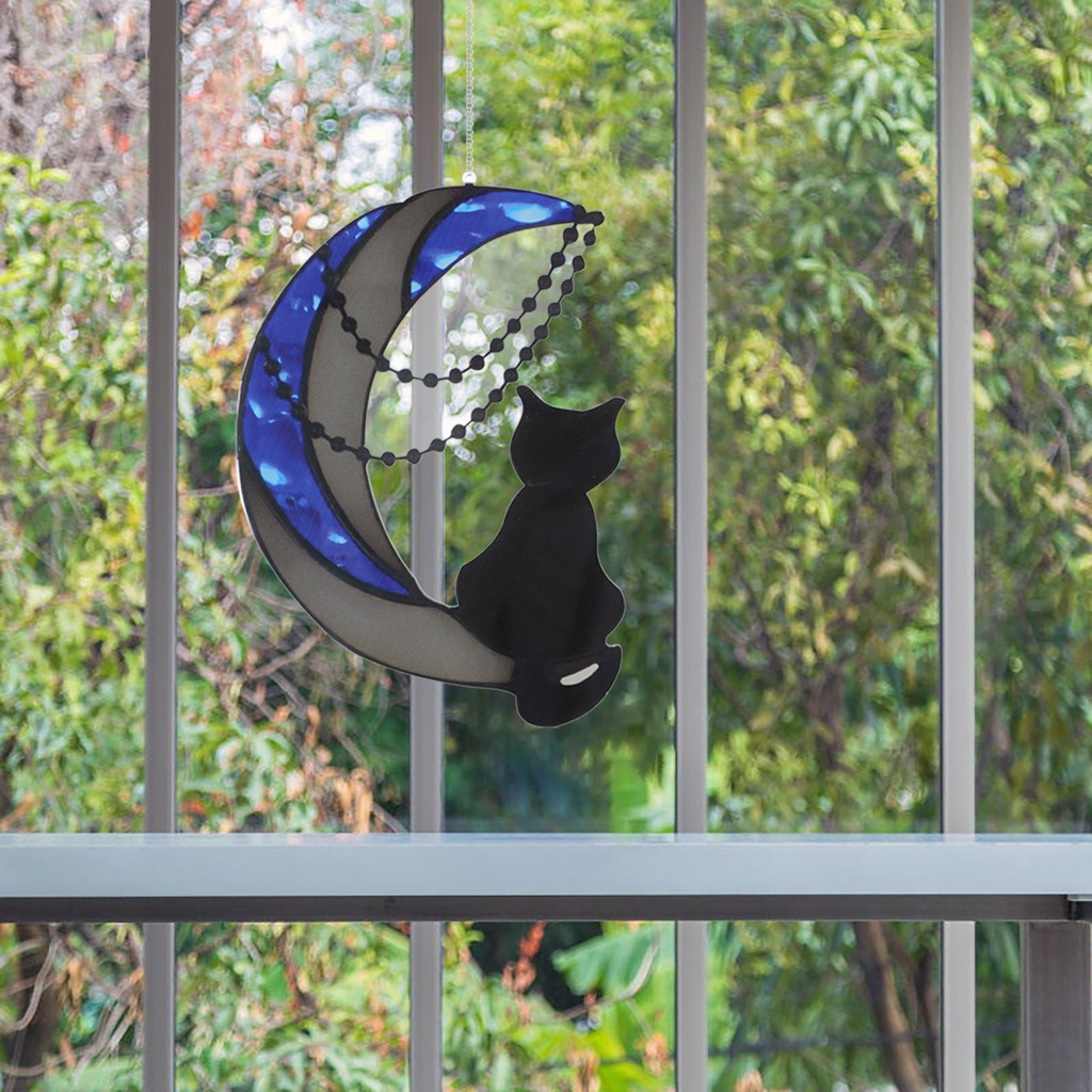 มือจับประตูหน้าต่างพับ มู่ลี่ ♨﹍Stained Glass Cat On The Moon Window