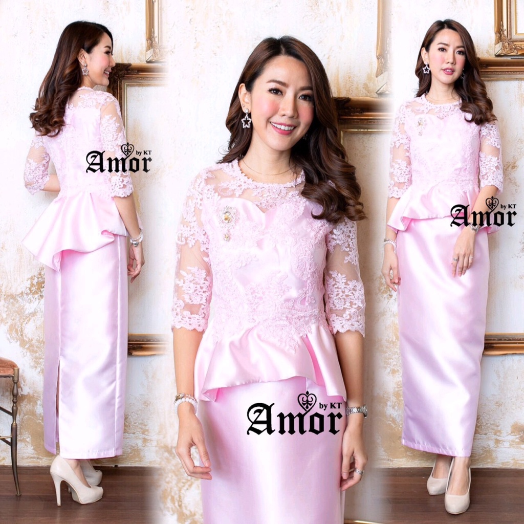 ชุดออกงาน Set เสื้อลูกไม้ + กระโปรงผ้าไหม ชุดแม่เจ้าสาว ชุดแม่เจ้าบ่าว ชุดทำบุญ ชุดไทยประยุกต์ ชุดไป