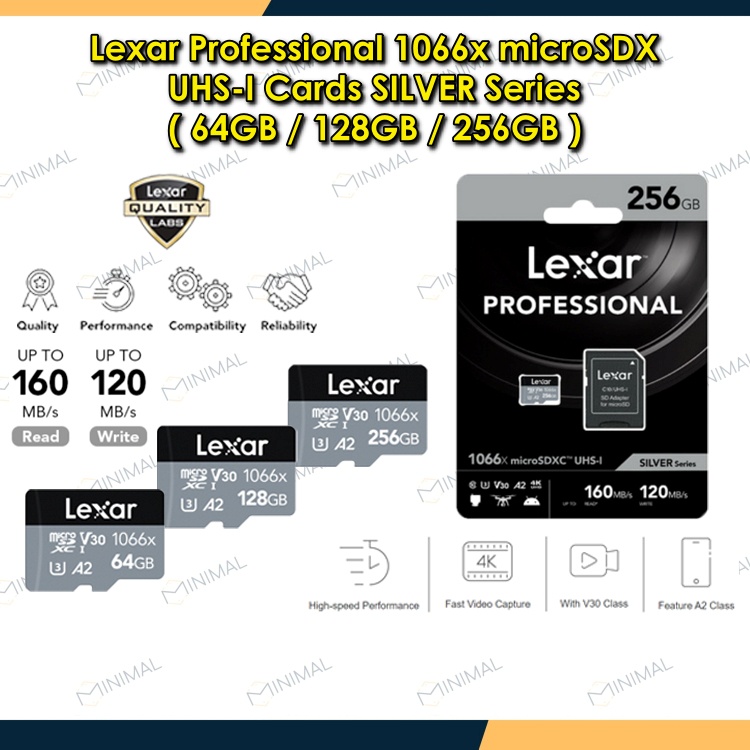 LEXAR MicroSD ประสิทธิภาพสูง 1066x 633x UHS-I การ์ดหน่วยความจําพร้อมอะแดปเตอร์ SD 32GB 64GB 128GB 25