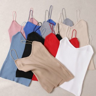 สายเดี่ยวไหมพรม ผ้าร่อง สายเดี่ยวคอวี ยืดได้ Knitting Tank Tops Knitwear Camisole Sleeveless