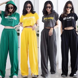 ✨สินค้าพร้อมส่ง✨ชุดเซ็ต เสื้อเอวลอย+กางเกงขายาว ผ้ากรีน แนวสตรีท JYT04