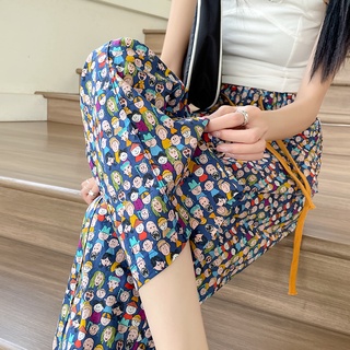 【In stock】Printed Straight Wide Leg Pants Women Summer Thin Section Loose Nine Points Anti-mosquito Pants High กางเกงขา