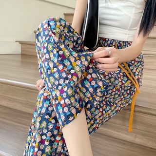 【In stock】Printed Straight Wide Leg Pants Women Summer Thin Section Loose Nine Points Anti-mosquito Pants High กางเกงขา