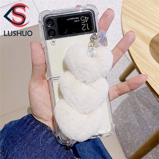 Lushuo เคสโทรศัพท์มือถือแบบใส แต่งตุ๊กตาหัวใจน่ารัก สีขาวอบอุ่น พร้อมสายรัดข้อมือ สําหรับ Samsung Galaxy Z Flip 3 5G and Z Flip 4 2 1 Z Flip3 ZFlip3 ZFlip 3 Z Flip4 ZFlip 4 2 1