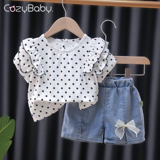 Cozybaby ชุดเสื้อแขนสั้น ลายจุด และกางเกงขาสั้นเดนิม แฟชั่นฤดูใบไม้ผลิ และฤดูร้อน สําหรับเด็กผู้หญิง 2 ชิ้น