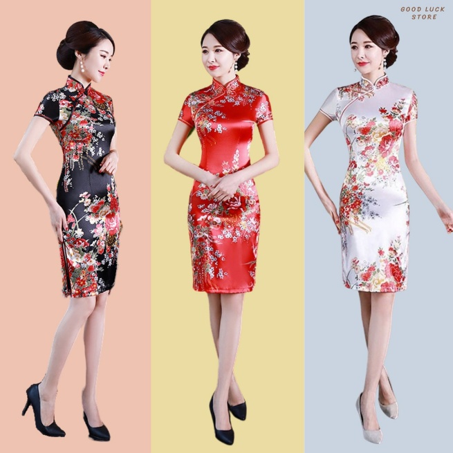 (พร้อมส่งจากไทย) กี่เพ้าแบบสั้น [S - 6XL] ผ้าซาติน ลายโบตั๋น/เดรสกี่เพ้า/ชุดจีน/เสื้อตรุษจีน/ชุดไหว้