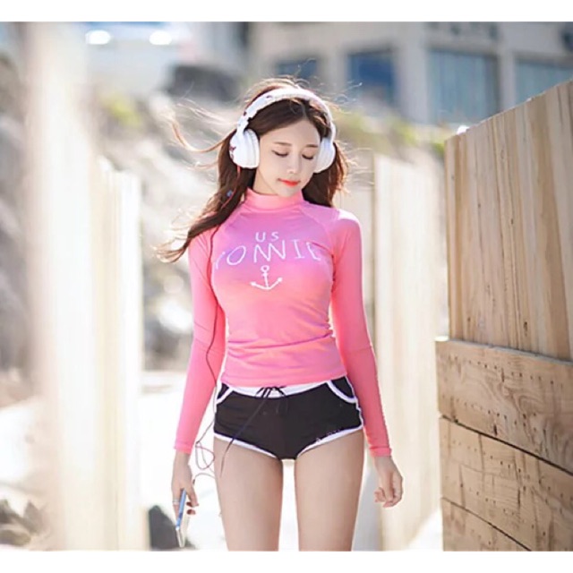 💥PINK ON DA BEACH💋เซ็ทชุดว่ายน้ำแขนยาว&กางเกงขาสั้น