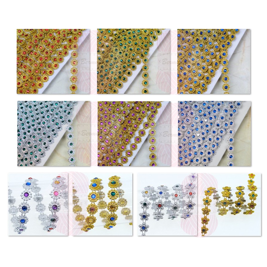 สังวาลทับทิมประดับ พื้นสีเงิน/ทอง (แบ่งขาย 1 หลา) (*ต้องการความยาวต่อเนื่องแจ้งในแชทนะคะ) ทับทิมคละสี DIY #ลูกปัด