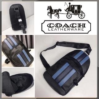 【HOT】Coach F49318 กระเป๋าผู้ชายกระเป๋าเป้สะพายพาดลำตัวกระเป๋าหน้าอกกระเป๋าเป้ลายทาง