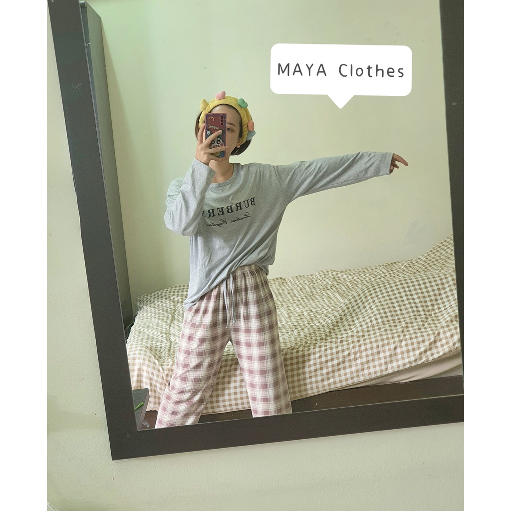 พร้อมส่ง❗ชุดนอนแขนยาว+ขายาว ลาย Berberry สีเทา